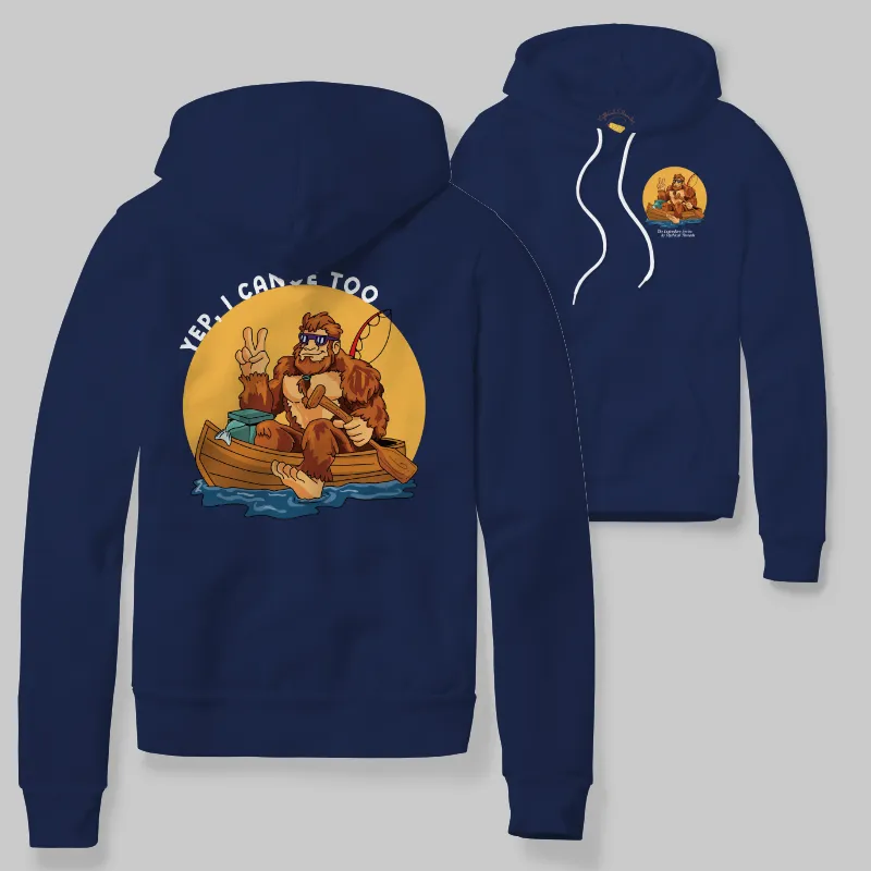 True Navy Hoodie with Bigfoot canoeing graphic