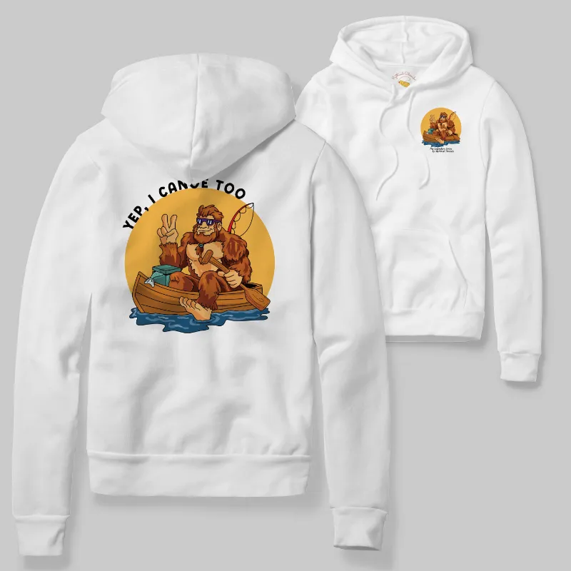 White Hoodie with Bigfoot canoeing graphic