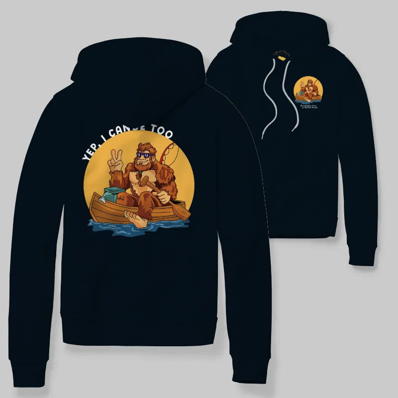 Black Hoodie with Bigfoot canoeing graphic