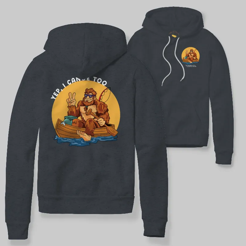 Charcoal Heather Hoodie with Bigfoot canoeing graphic