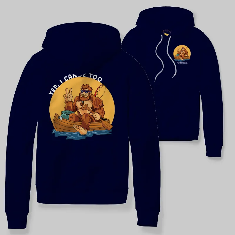 Navy Hoodie with Bigfoot canoeing graphic