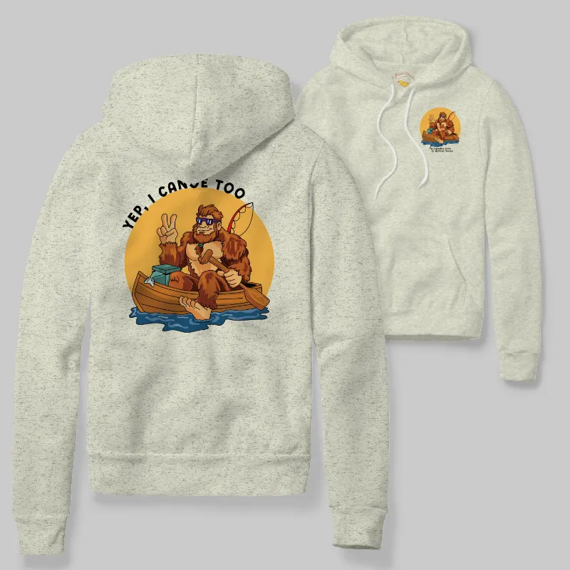 Oatmeal Heather Hoodie with Bigfoot canoeing graphic