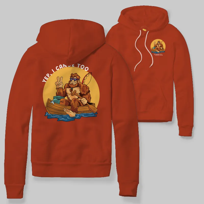 Red Hoodie with Bigfoot canoeing graphic