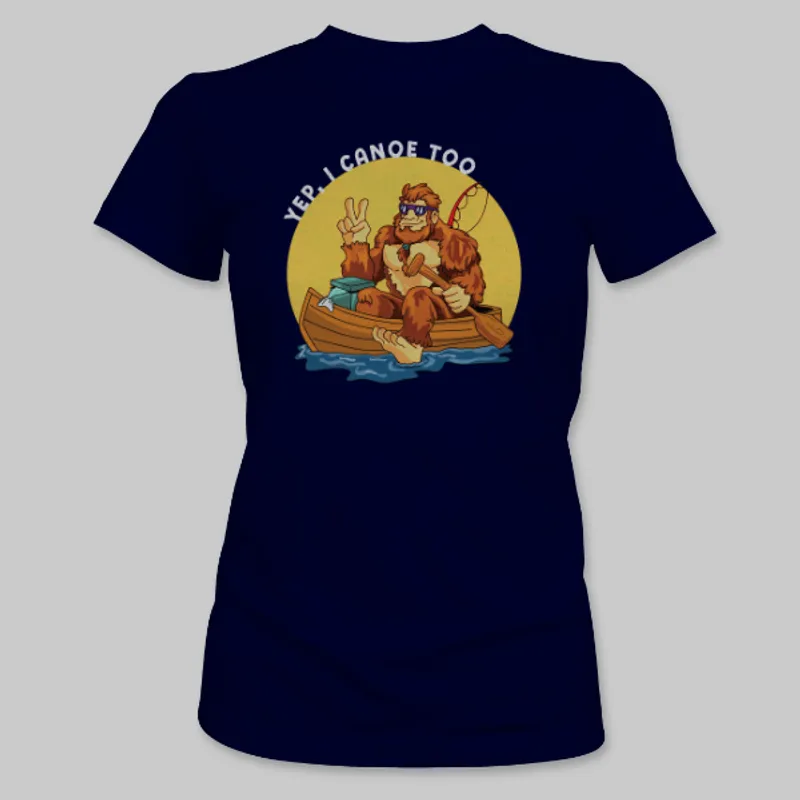 Navy Bigfoot Canoeing Tee on the front.