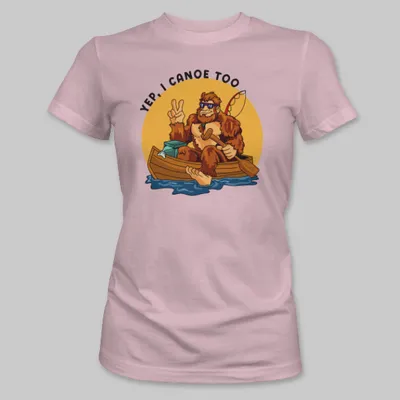 Pink Bigfoot Canoeing Tee on the front.