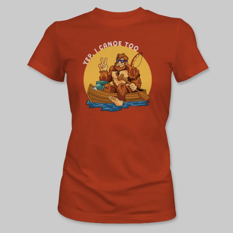 Red Bigfoot Canoeing Tee on the front.
