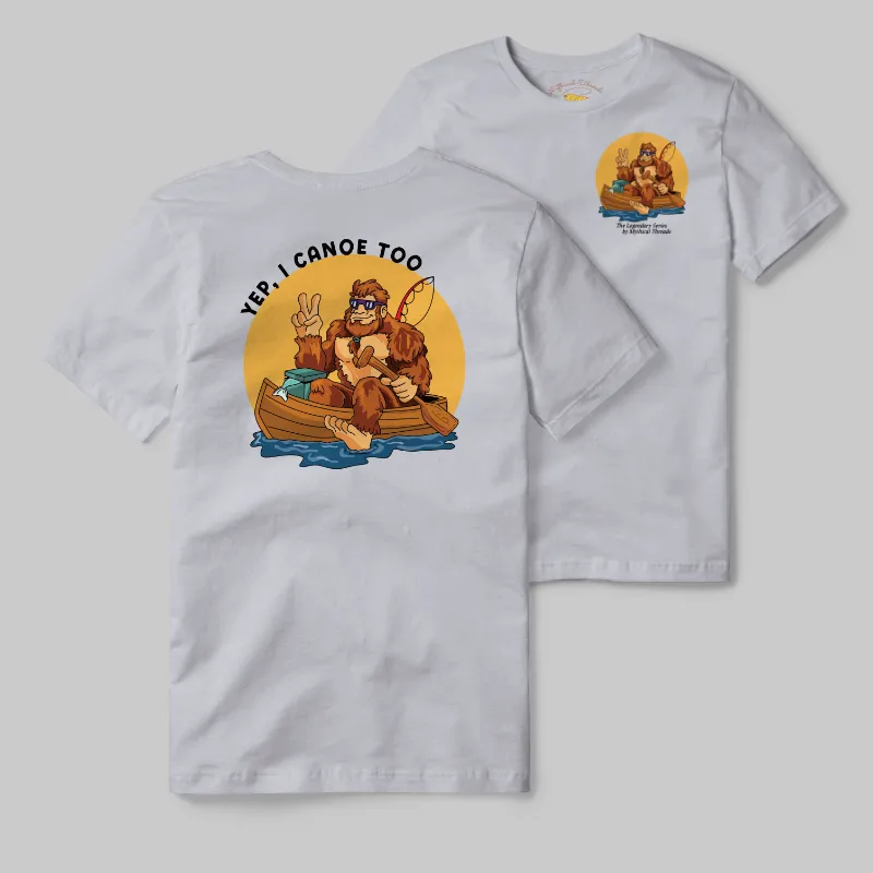 Athletic Grey T-shirt with Bigfoot canoeing graphic