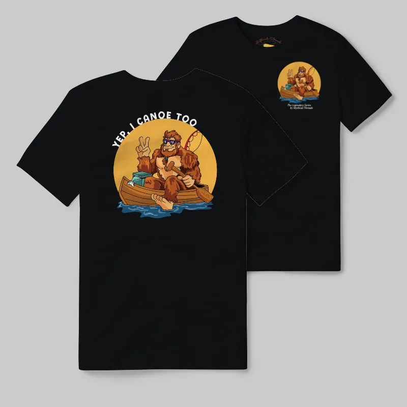 Black T-shirt with Bigfoot canoeing graphic