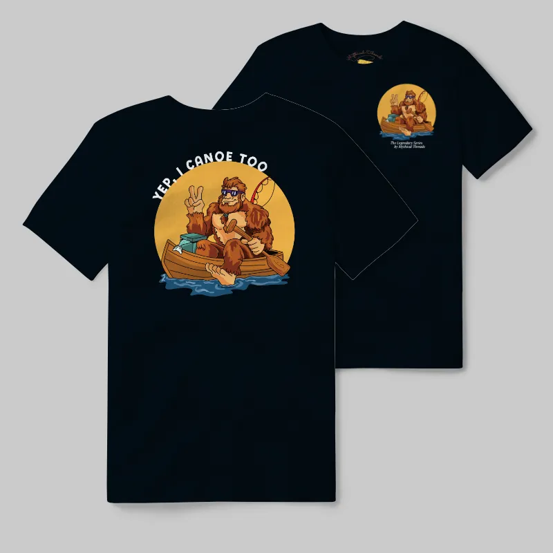 Black Heather T-shirt with Bigfoot canoeing graphic