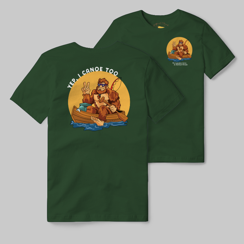 Emerald T-shirt with Bigfoot canoeing graphic
