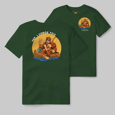 Emerald T-shirt with Bigfoot canoeing graphic