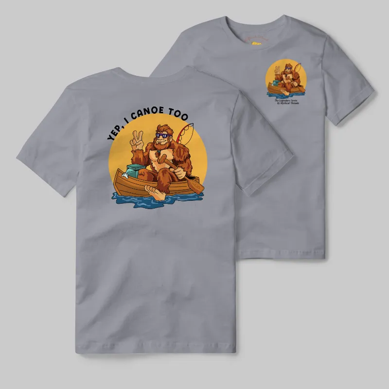 Grey T-shirt with Bigfoot canoeing graphic