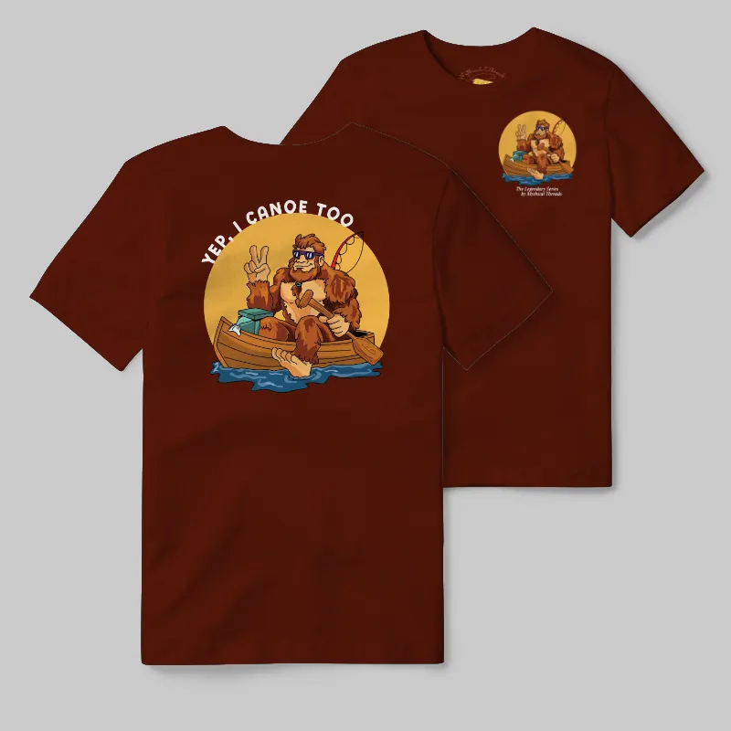 Maroon T-shirt with Bigfoot canoeing graphic