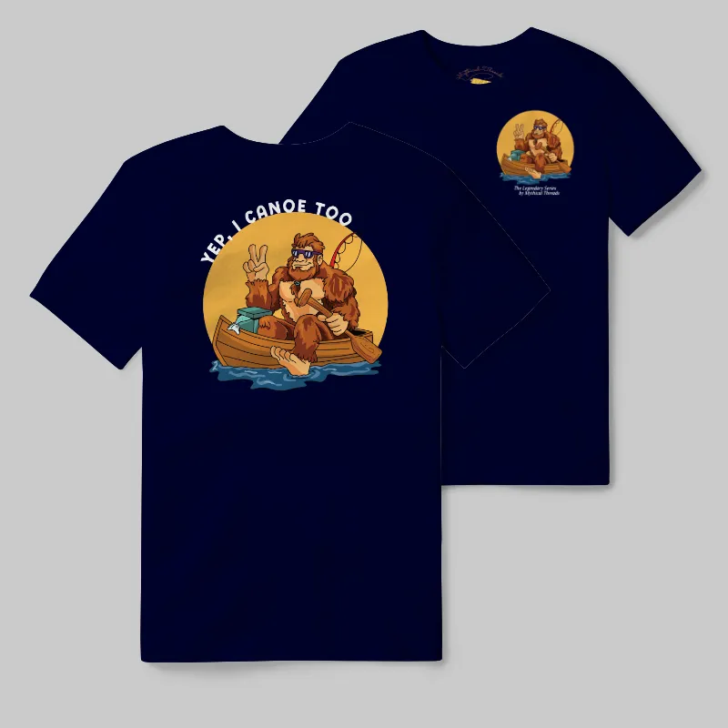 Navy T-shirt with Bigfoot canoeing graphic