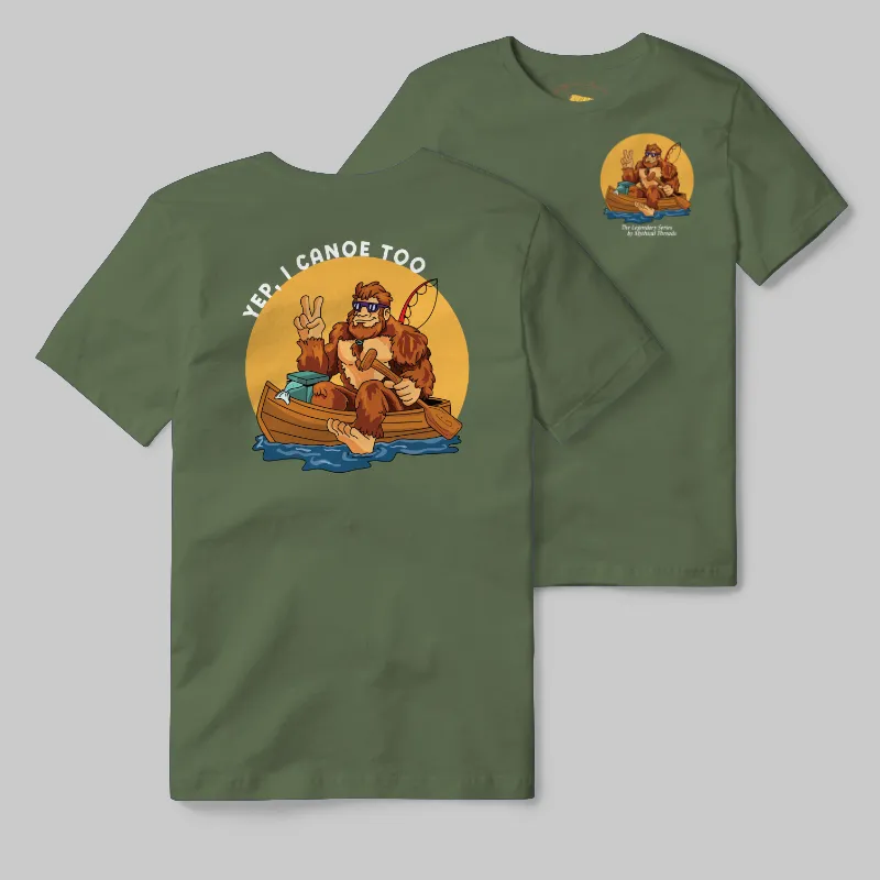 Olive T-shirt with Bigfoot canoeing graphic