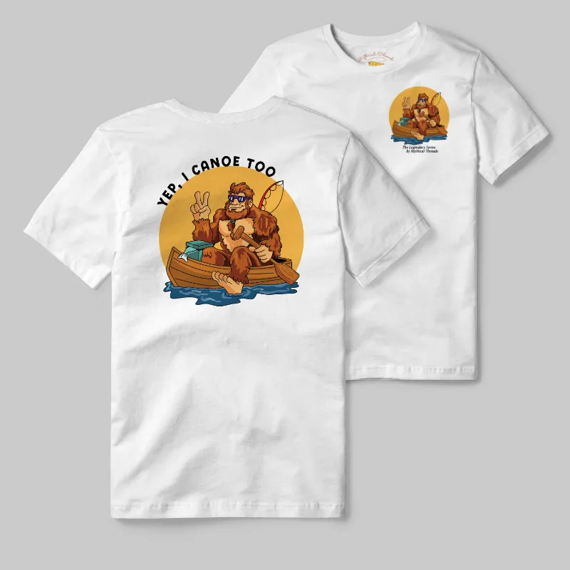 White T-shirt with Bigfoot canoeing graphic