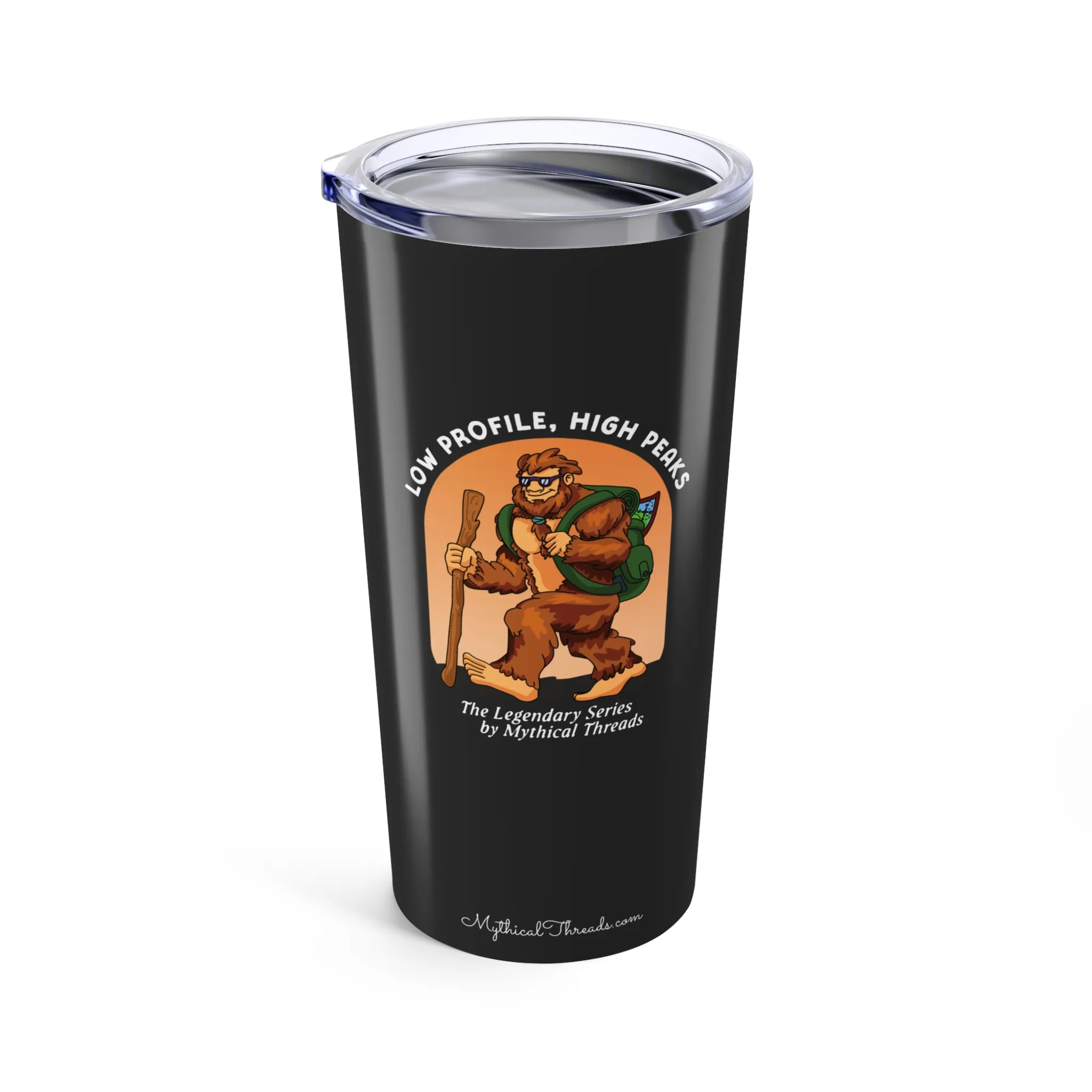 Charcoal tumbler with Bigfoot hiking graphic'