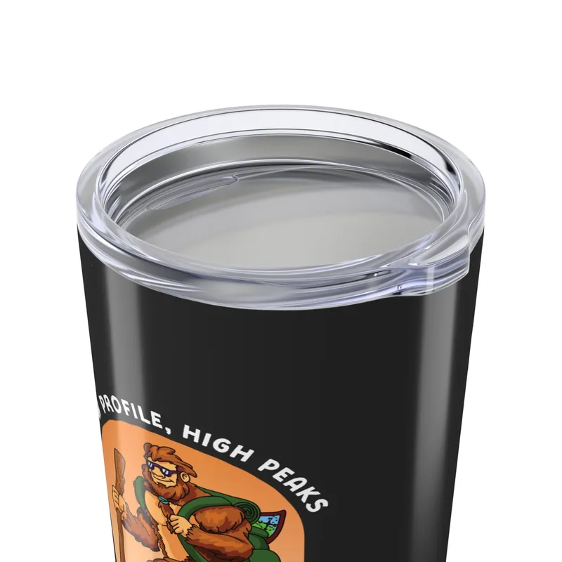 Charcoal tumbler with Bigfoot hiking graphic'