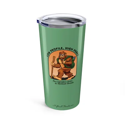 Sage green tumbler with Bigfoot hiking graphic
