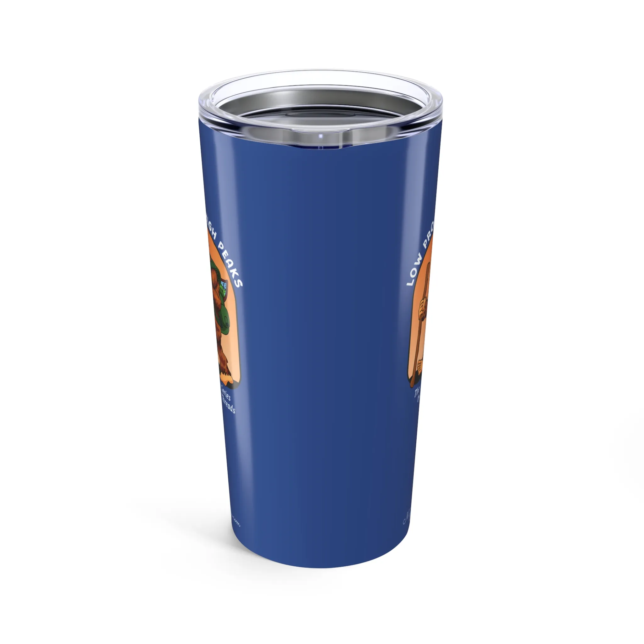 Slate blue tumbler with Bigfoot hiking graphic