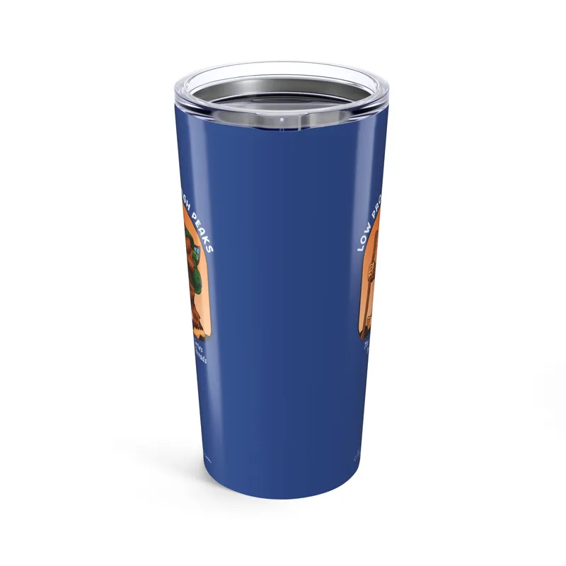 Slate blue tumbler with Bigfoot hiking graphic