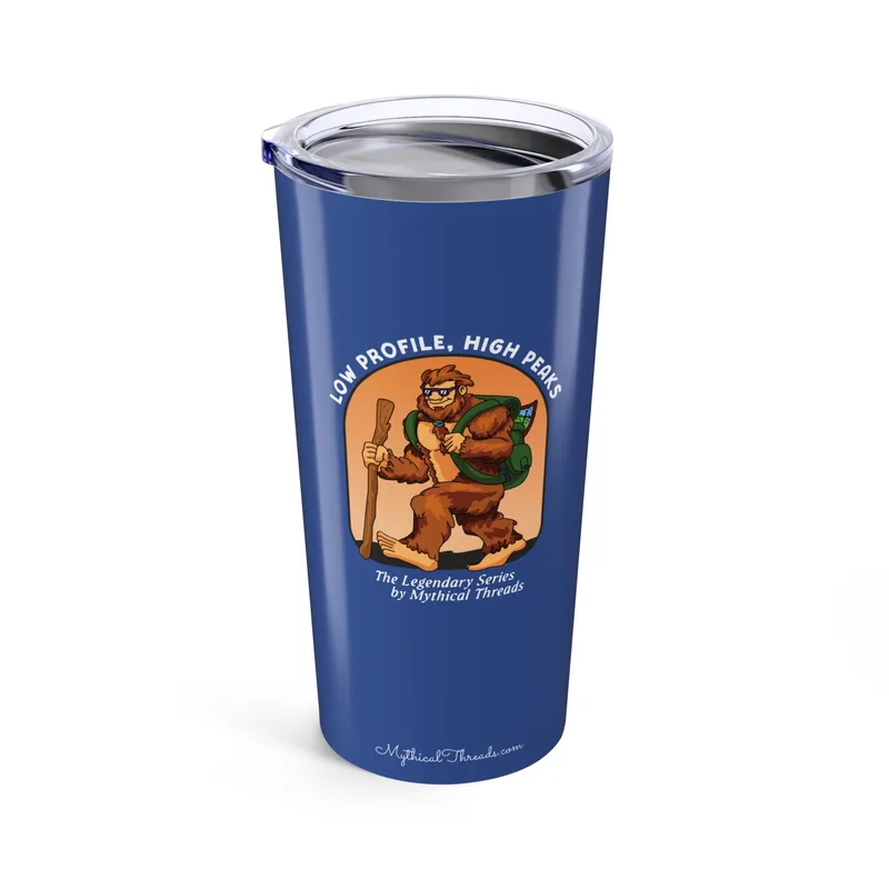 Slate blue tumbler with Bigfoot hiking graphic