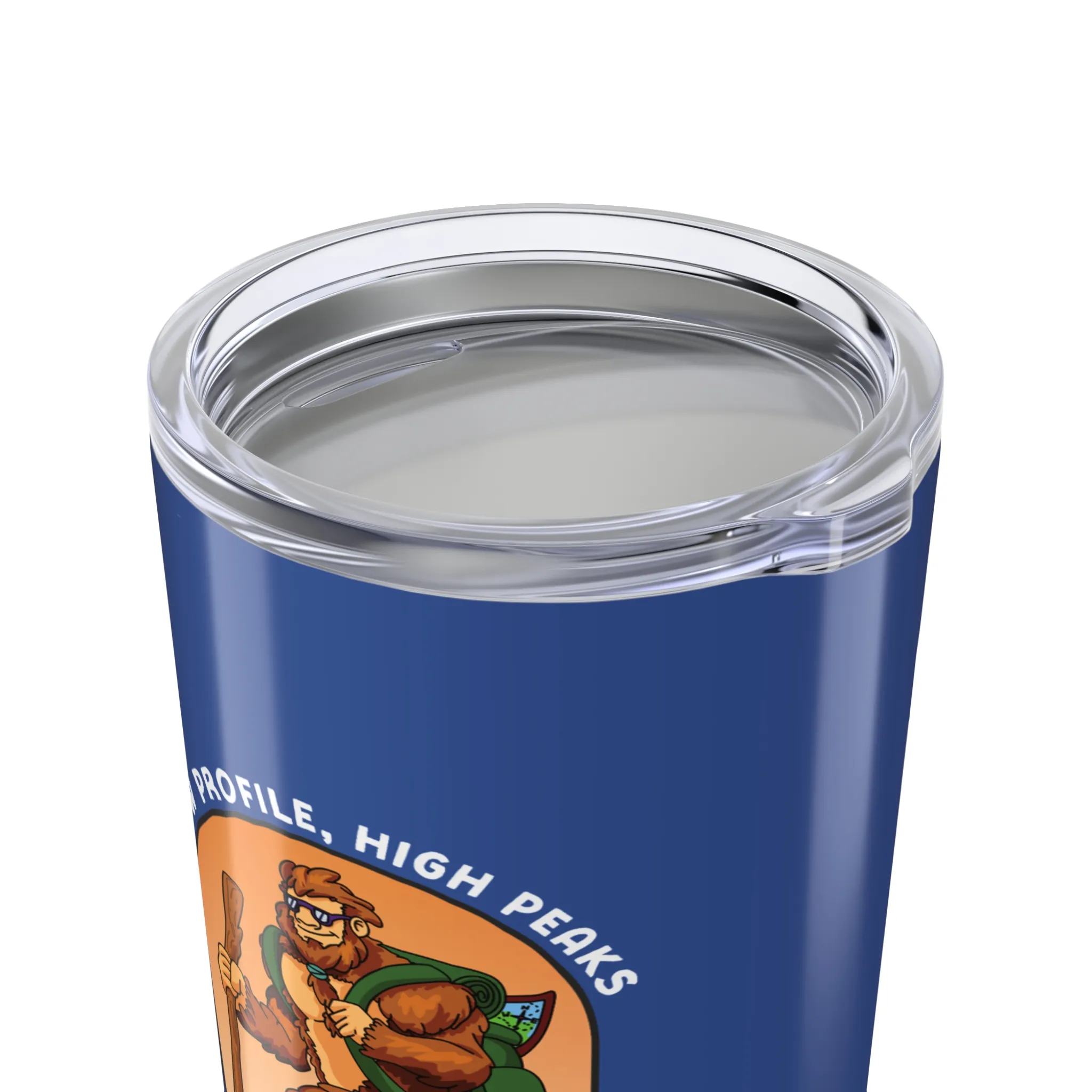 Slate blue tumbler with Bigfoot hiking graphic