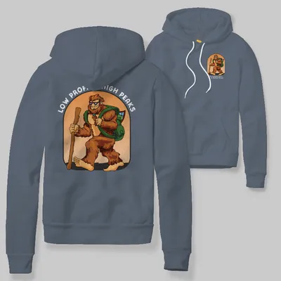 Blue Jean Hoodie with Bigfoot hiking graphic