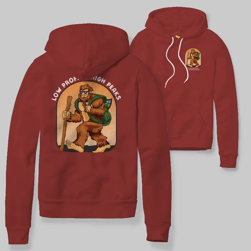 Crimson Hoodie with Bigfoot hiking graphic