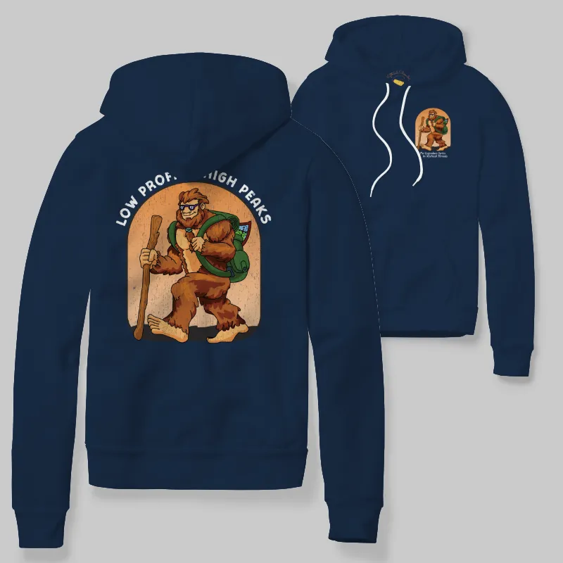 Denim Hoodie with Bigfoot hiking graphic