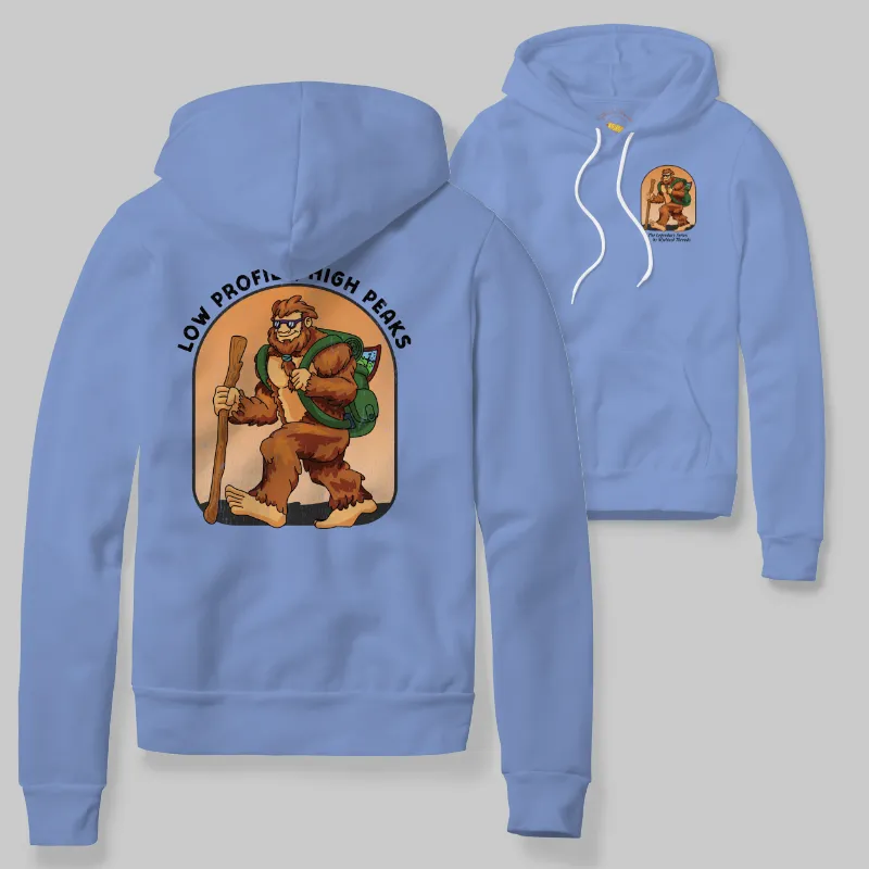 Flo Blue Hoodie with Bigfoot hiking graphic