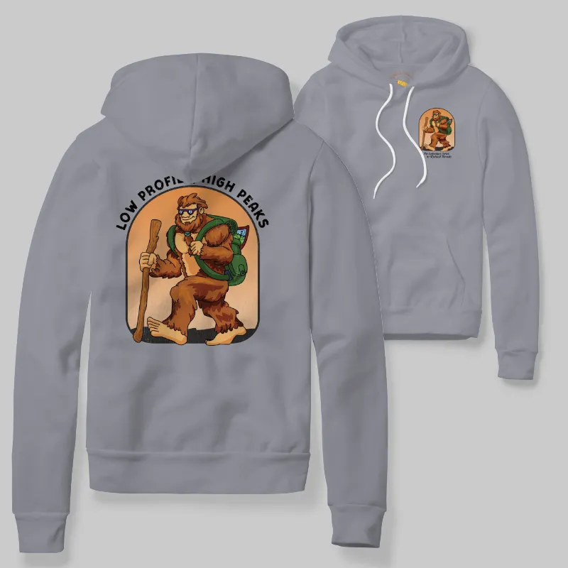 Grey Hoodie with Bigfoot hiking graphic