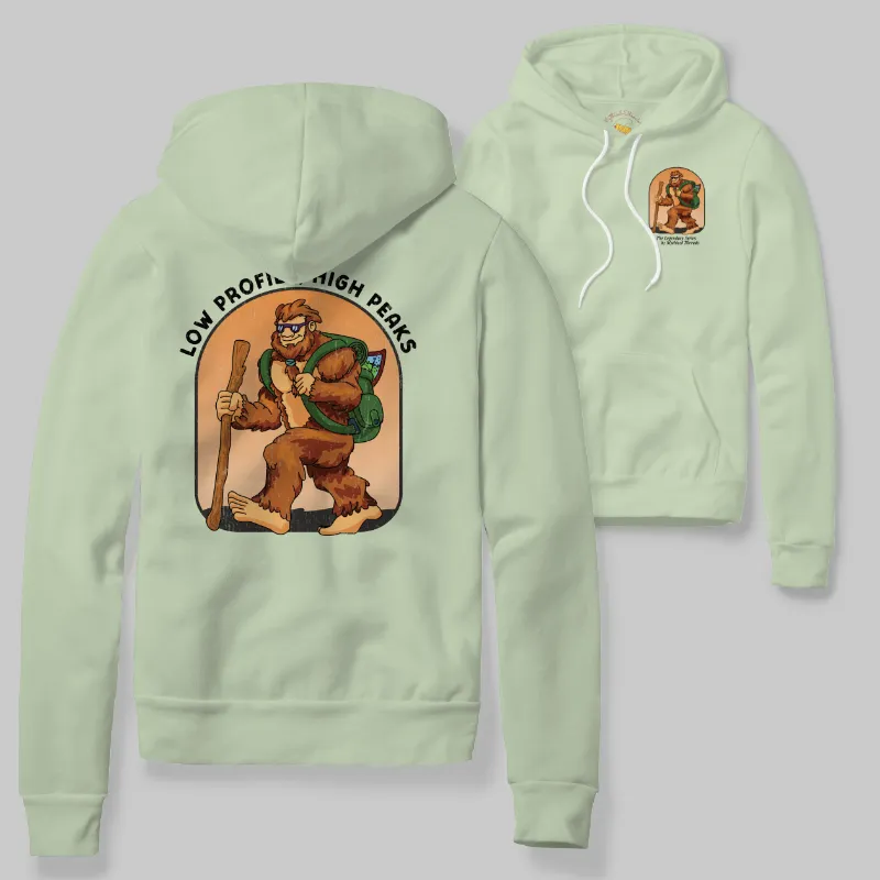 Light Green Hoodie with Bigfoot hiking graphic