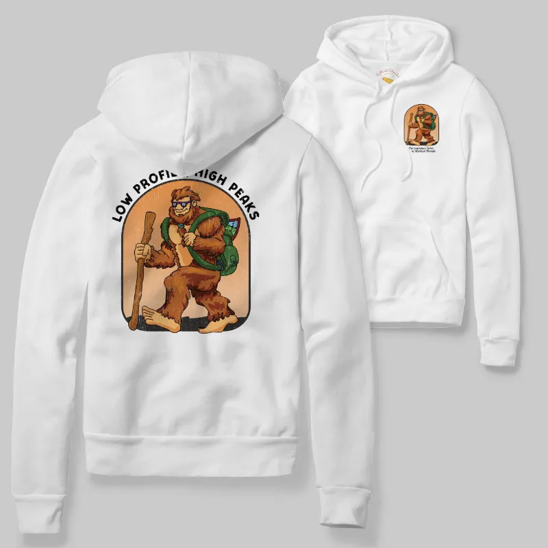 White Hoodie with Bigfoot hiking graphic
