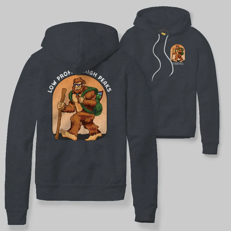 Charcoal Heather Hoodie with Bigfoot hiking graphic