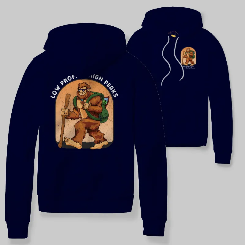 Navy Hoodie with Bigfoot hiking graphic