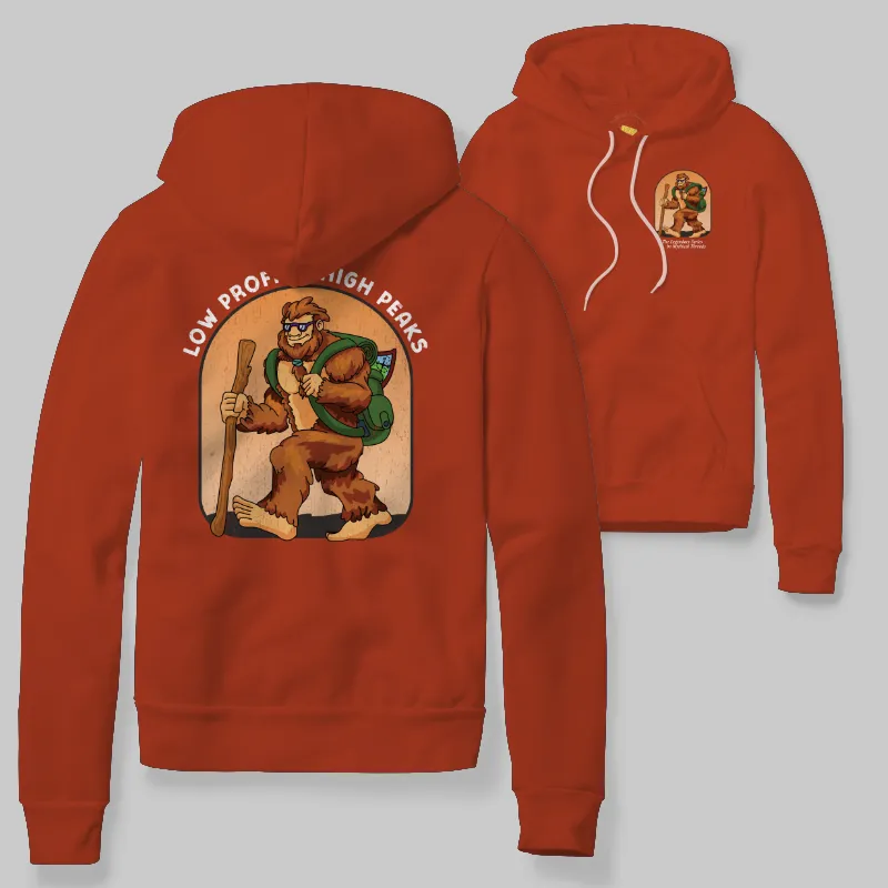 Red Hoodie with Bigfoot hiking graphic