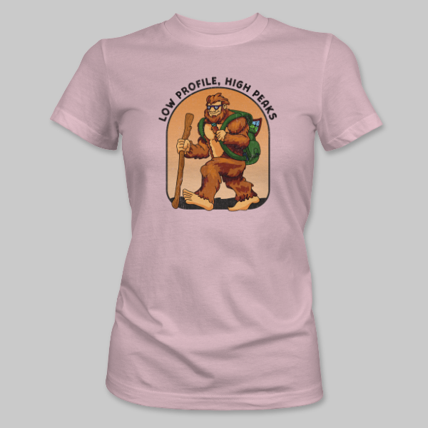 Pink Bigfoot Hiking Tee on the front.