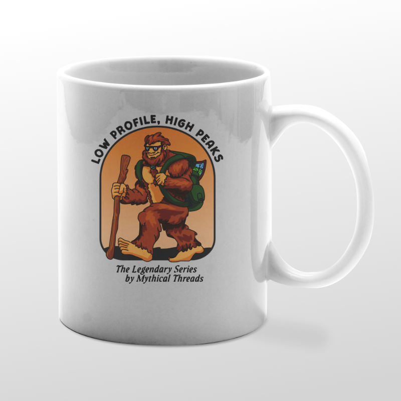 White mug with Bigfoot hiking graphic