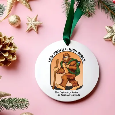 White mug with Bigfoot hiking graphic