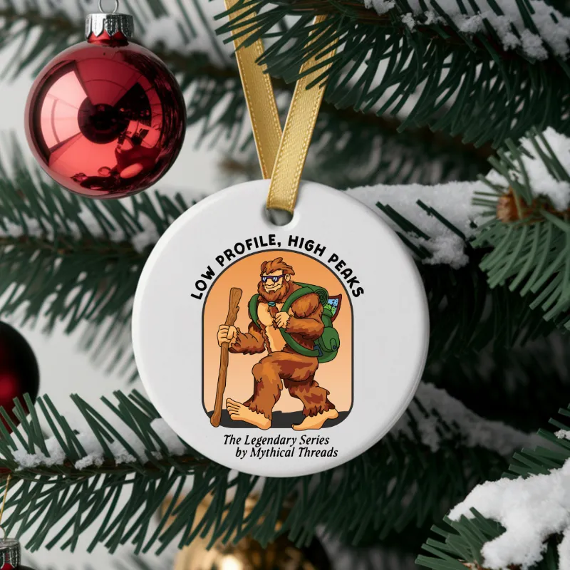 White mug with Bigfoot hiking graphic