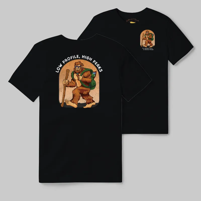 Black T-shirt with Bigfoot hiking graphic