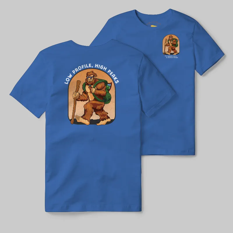 Light Blue T-shirt with Bigfoot hiking graphic