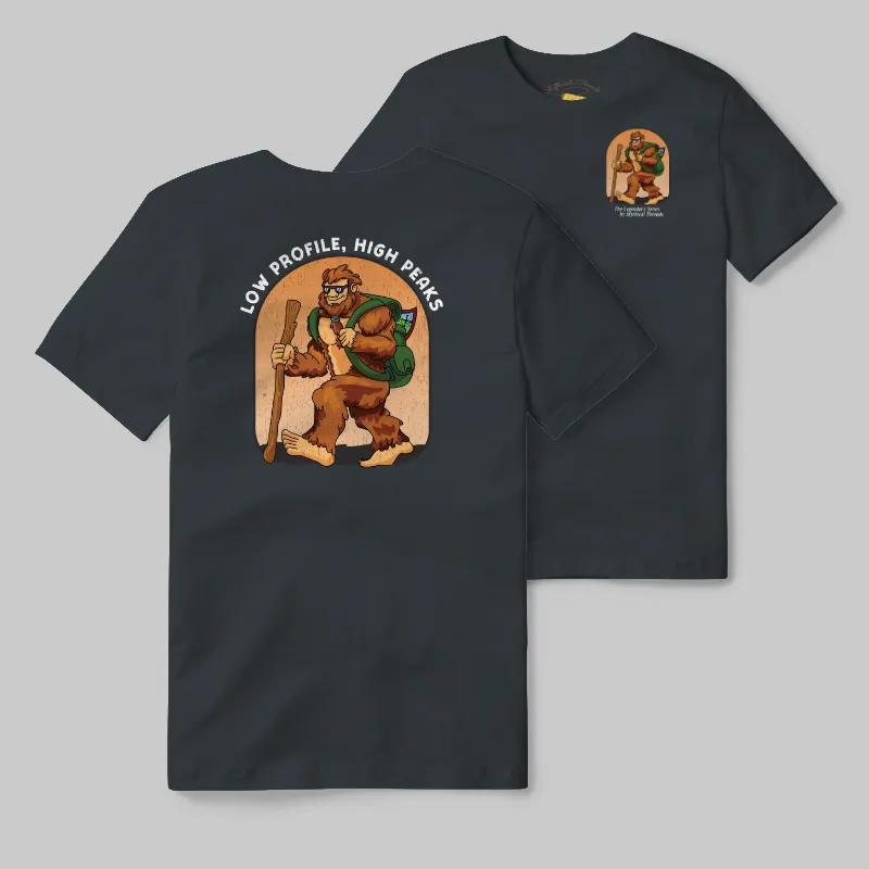 Charcoal T-shirt with Bigfoot hiking graphic