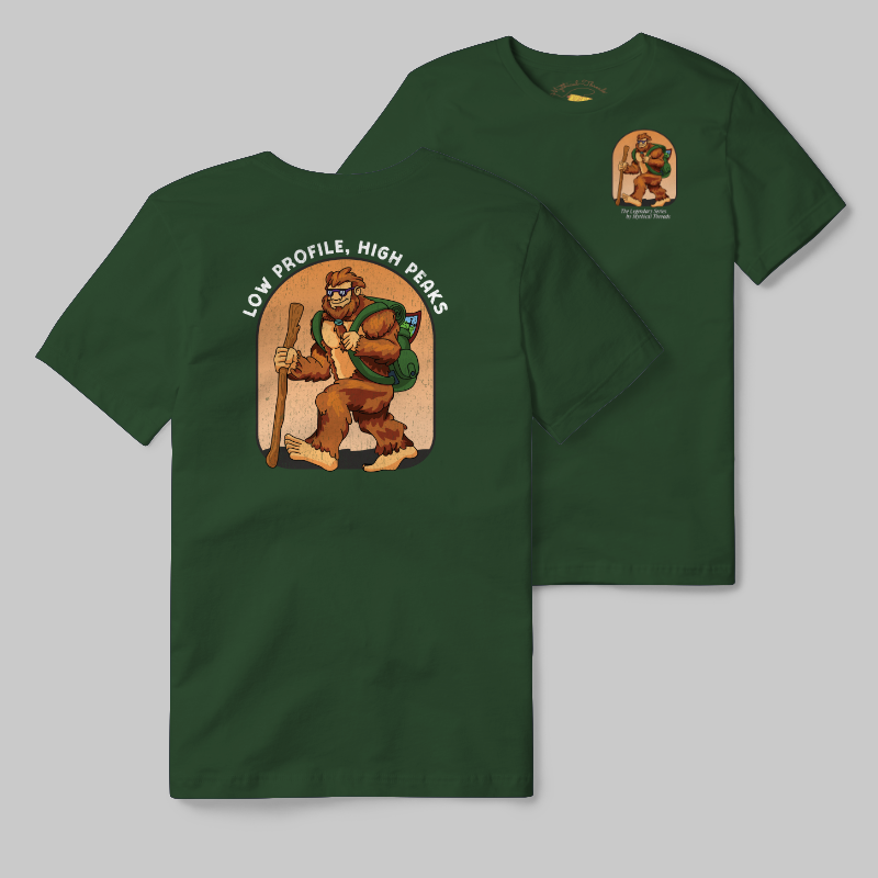 Emerald T-shirt with Bigfoot hiking graphic