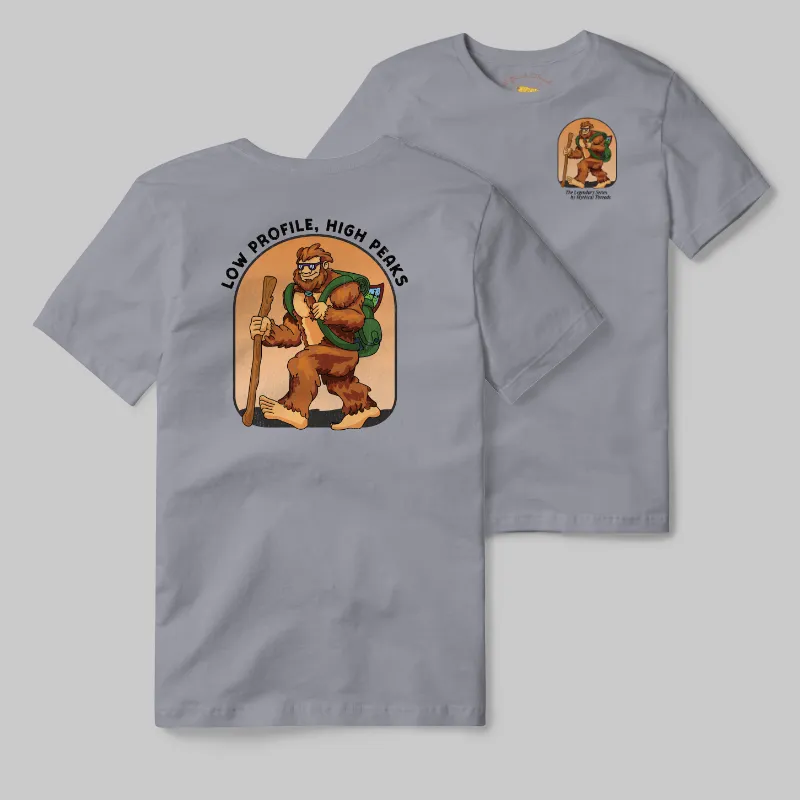 Grey T-shirt with Bigfoot hiking graphic