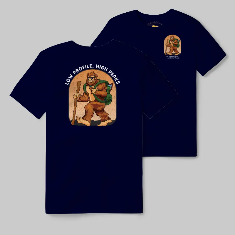 Navy T-shirt with Bigfoot hiking graphic