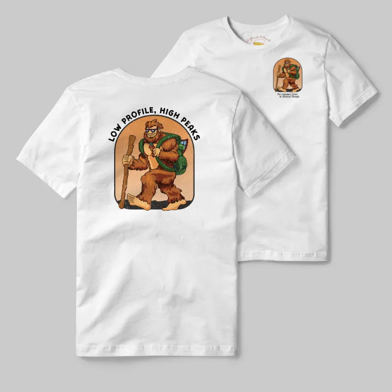 White T-shirt with Bigfoot hiking graphic