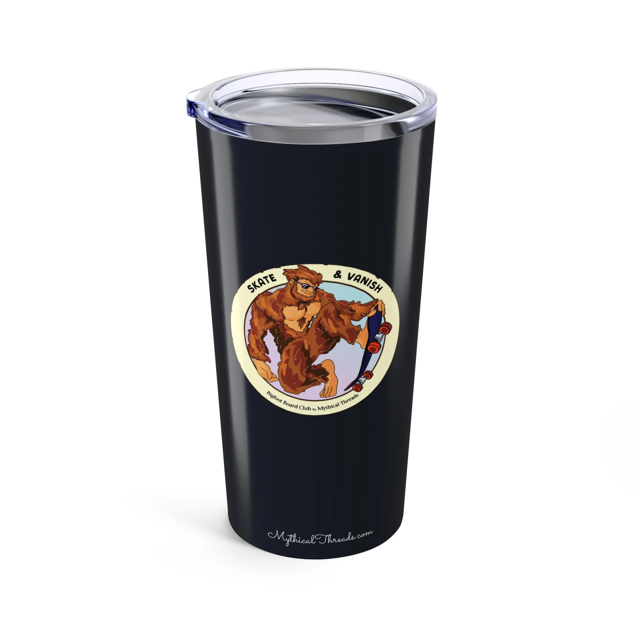 Deep indigo tumbler with Bigfoot skateboarding graphic