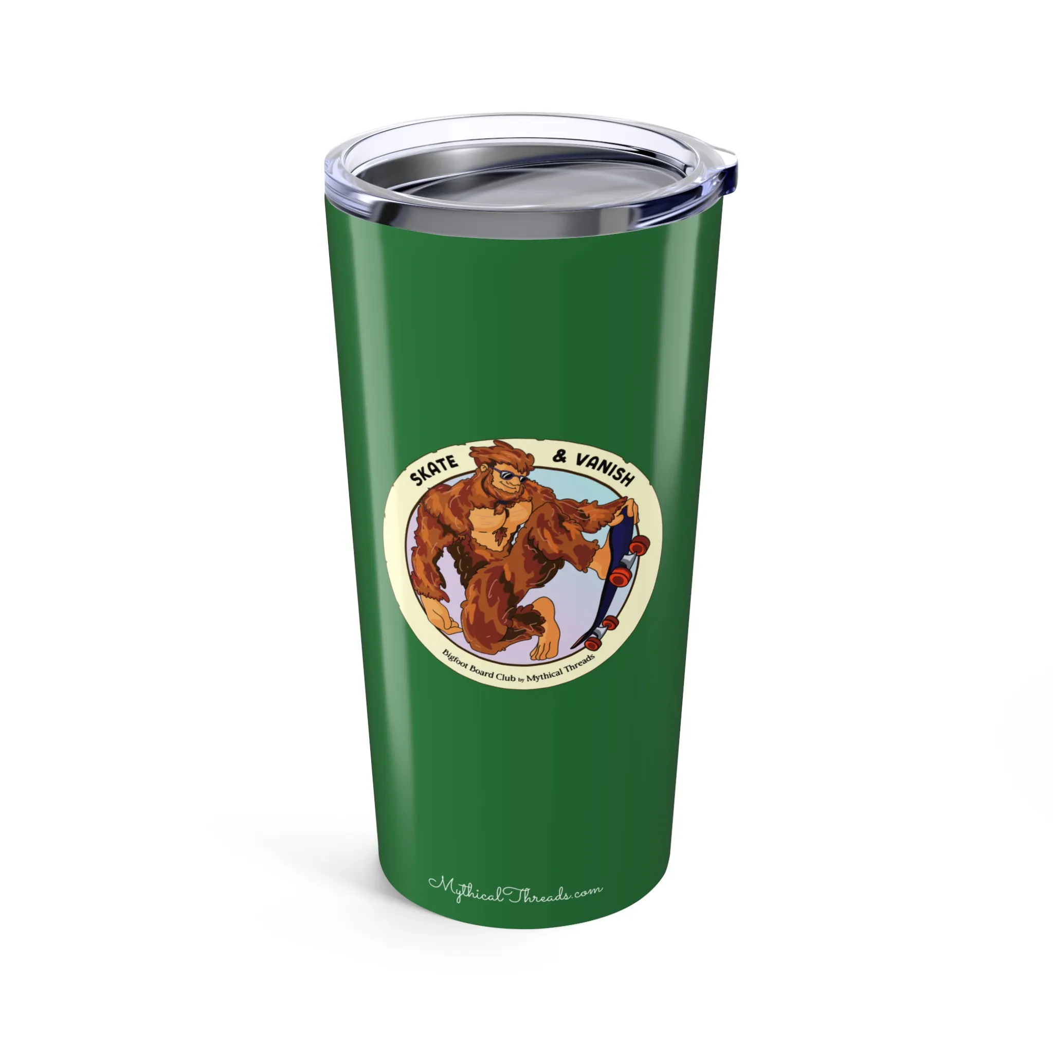 Leafy green tumbler with Bigfoot skateboarding graphic